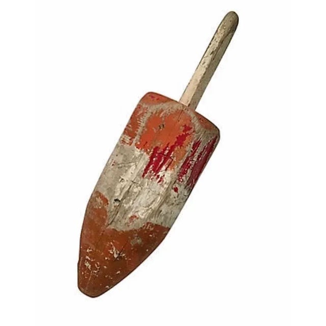Nautical Weathered Orange & White Wood Buoy For Sale - Image 3 of 6