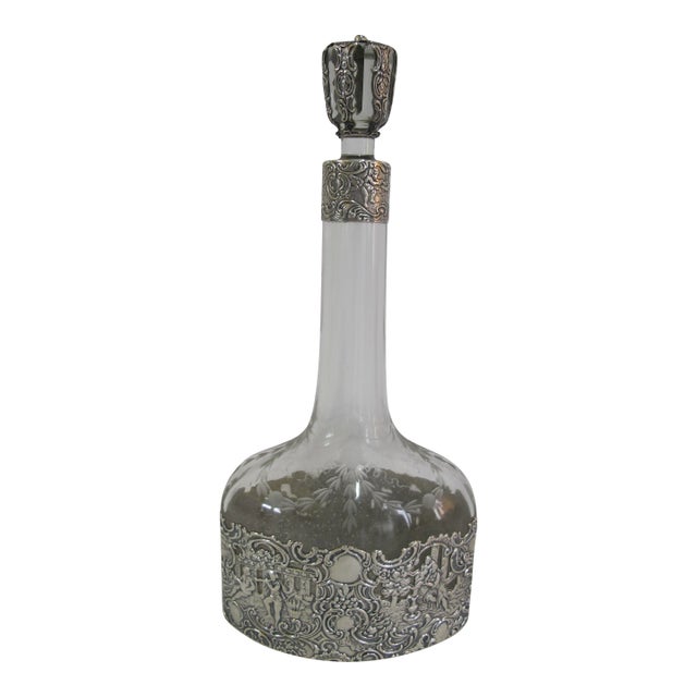 Antique Mauser Sterling Silver Repousse Cherub Overlay Etched Crystal Decanter For Sale