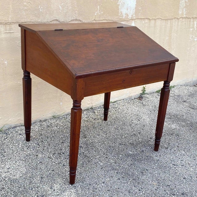 Antique Primitive Colonial Cherry & Walnut Tall Schoolmasters Desk Stand Table. Item features a lift top, slanted surface,...