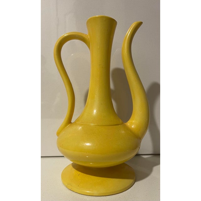Mid-Century Modern Sculptural Yellow Ceramic Ewer | Italian Style Decorative Vessel A striking vintage sculptural ceramic...