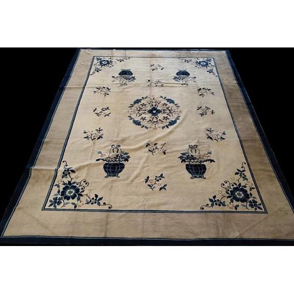 1890s Chinese - Peking Ivory Rectangle Antique Room Size Wool Knotted Rug, Circa Date: 1890s. This exceptional example of...