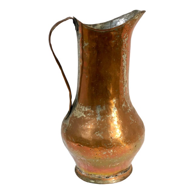 Antique Handcrafted Hammered Copper On Tin Metal Pitcher Floral