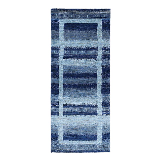 Pasargad DC Blue Color Fine Hand Knotted Gabbeh Runner Rug For Sale