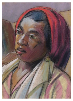 W. Worms, The Red Headdress, 1960s, Pastel on Paper, Framed