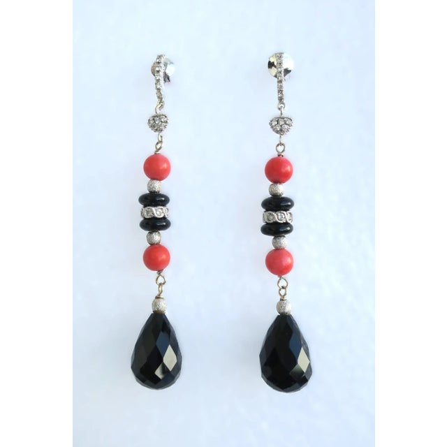 Hollywood Regency Italian Diamond Coral and Black Onyx Dangle Earrings, Pair For Sale - Image 3 of 10