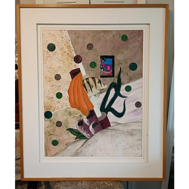 Large-scale 49" x 43" modern abstract mixed media collage featuring an expressive surrealist fish motif, hand-painted...