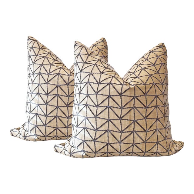 Cream With Charcoal Velvet Sofa Pillows - A Pair For Sale