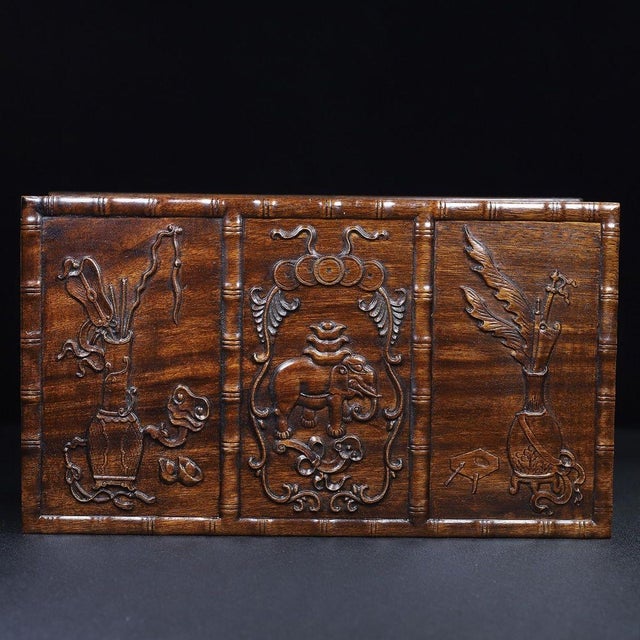Mid 20th Century Vintage Chinese Huali Rosewood Box | Carved Bogu Motif Scholar's Chest For Sale - Image 5 of 8