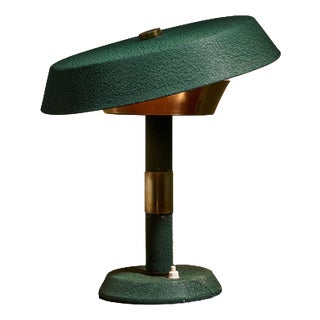 Rationalist Table Lamp in Green Lacquered Metal and Brass with Adjustable Shade, Italy For Sale