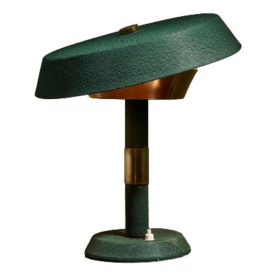 Rationalist Table Lamp in Green Lacquered Metal and Brass with Adjustable Shade, Italy For Sale