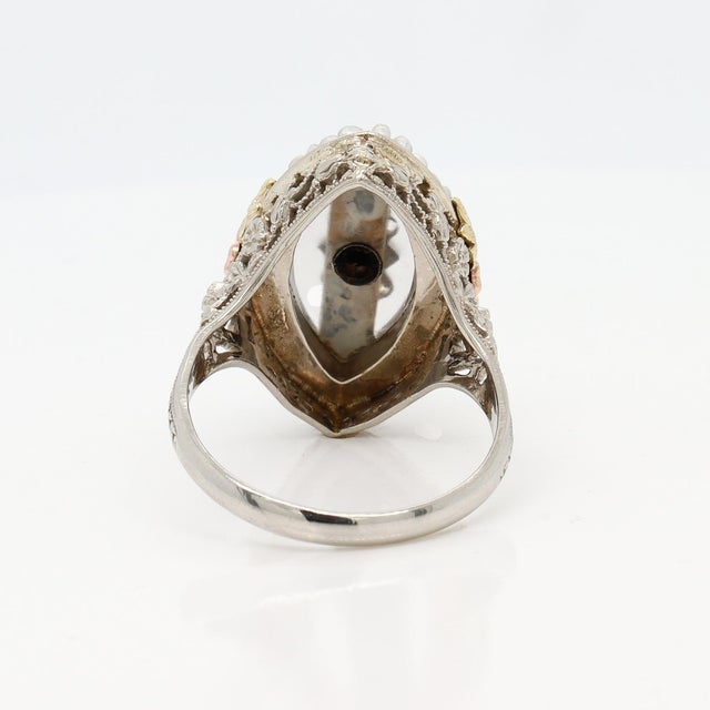 Metal Art Deco 14k Gold, Diamond, Seed Pearl, Rock Crystal, and Onyx Filigree Cocktail Ring For Sale - Image 7 of 11