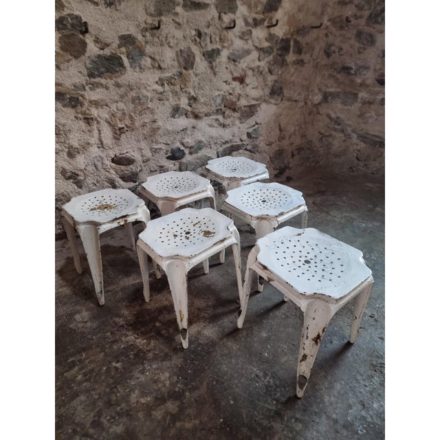 White French Industrial Metal Stools by Multipl's, 1930s, Set of 6 For Sale - Image 8 of 15