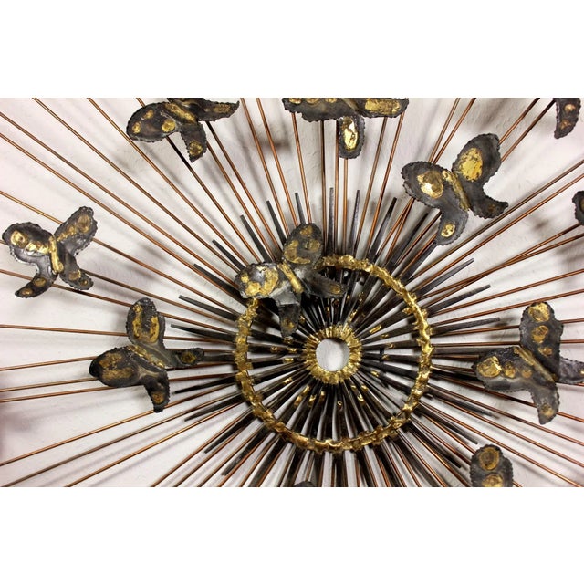 1960s Mid Century Degroot Brass Brutalist Butterflies Sunburst Wall Art Hanging For Sale - Image 5 of 7