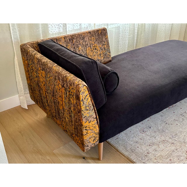 1960's MCM Sofa Chaise - Reupholstered in Black Chenille and a Burnt Orange/Tan/Brown Paisley Cotton Fabric For Sale - Image 4 of 5