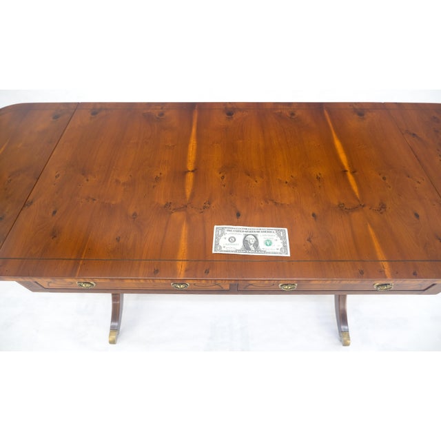 Yew Wood Drop Leaves Two Drawers Low Profile Brass Feet Desk Console Table MINT For Sale - Image 10 of 18