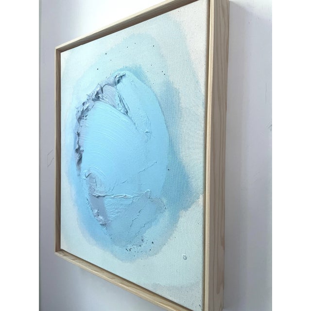 "Raku No01" Dimensional Texture Abstract Painting in Atmospheric Sky Blue and Periwinkle, Framed For Sale - Image 4 of 10