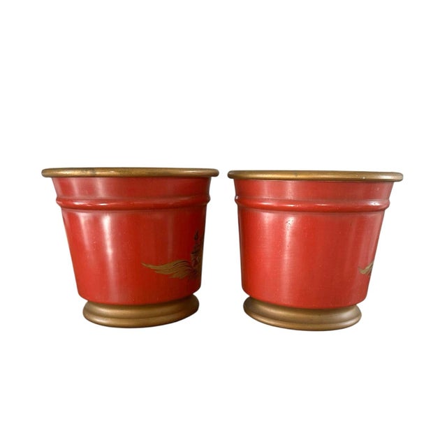 Vintage French Tole Chinoiserie Gilt & Orange Cache Pot / Jardinere / Planter, a Pair For Sale In Dallas - Image 6 of 10