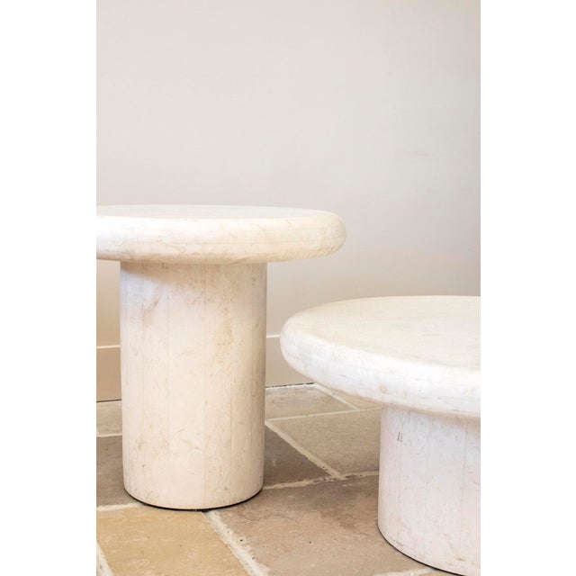 Pair of cylindrical mushroom shaped pedestal marble side tables with round tops two sizes: 13.8 h x 29.5 w in & 20.5h x...