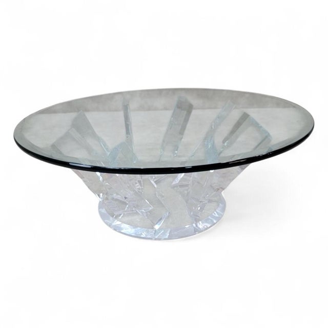 Plastic Postmodern Ice Crystal Lucite Base With Round Beveled Glass Top Coffee Table For Sale - Image 7 of 7