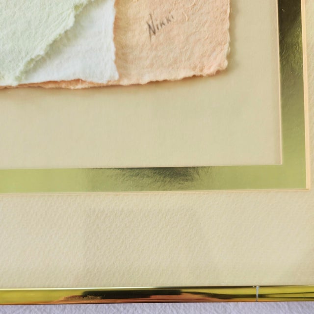Paper 1987 Handmade Paper Relief Sculptures · Blush Salmon and Celadon · Gold Shadow Frame · 1987 · Signed "Nikki" For Sale - Image 7 of 10
