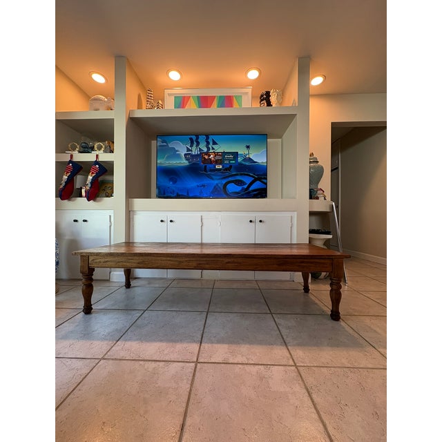 Farmhouse Vintage Solid Wood Xtra Long Coffee Table / Low Bench With Turned Legs in the Manner of Ralph Lauren For Sale - Image 3 of 18