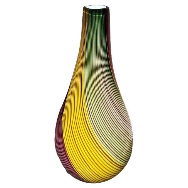 Vintage Roma Hand Blown Fused Glass Vase - Rainbow Twist A mesmerizing pattern of rainbow shades adorns the body of this...