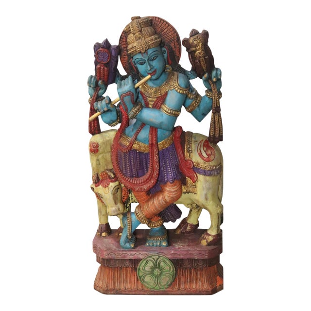 Contemporary Indian Carved and Painted Wood Krishna Statue For Sale