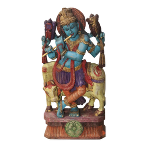Contemporary Indian Carved and Painted Wood Krishna Statue