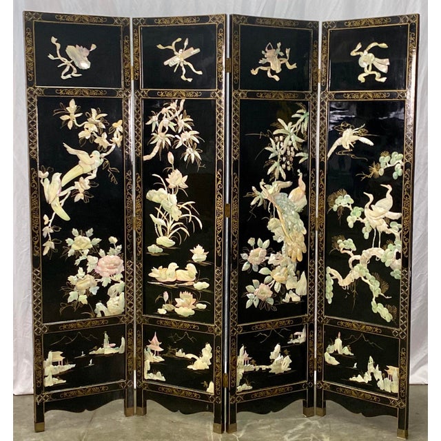 Vintage Chinese Black Lacquer, Mother of Pearl and Jade Screen/Room