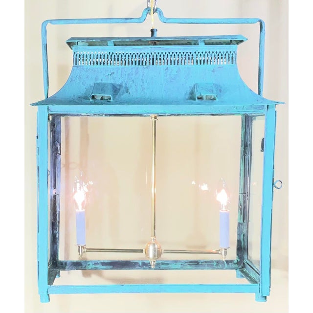 American One of a Kind Hand-Painted Turquoise Hanging Lantern Steel & Solid Brass For Sale - Image 3 of 18