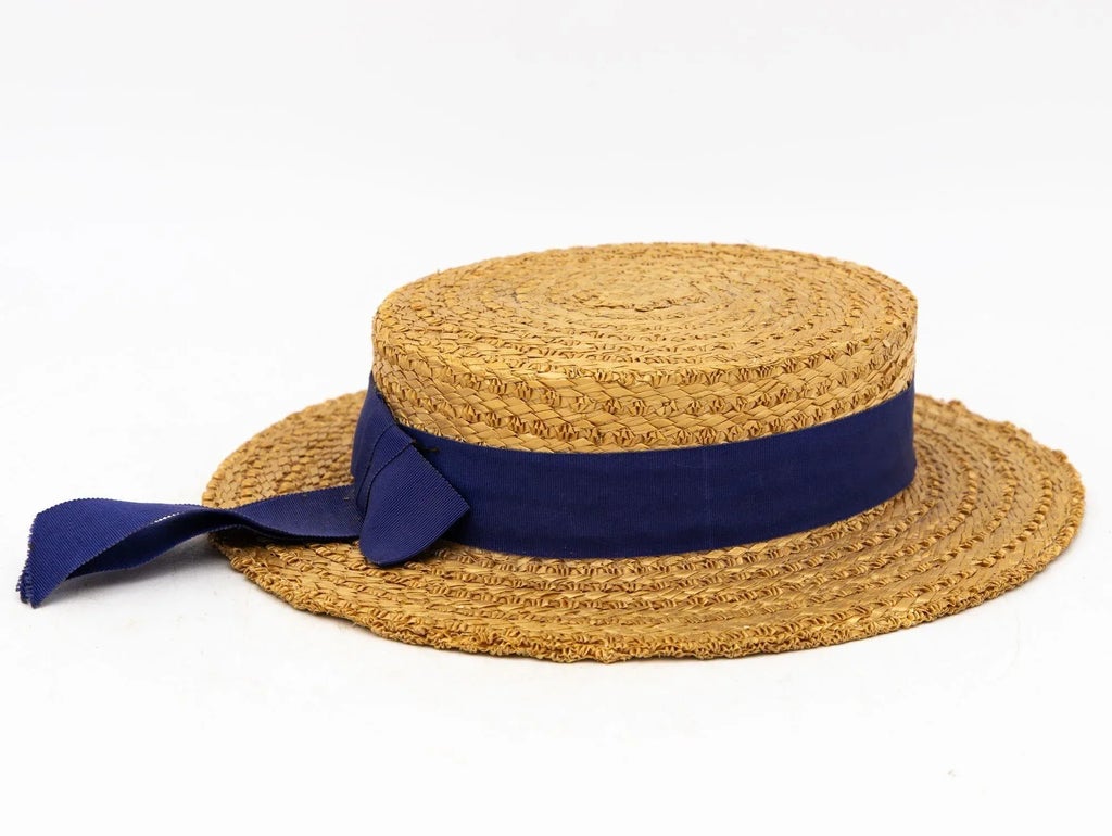 Vintage Natural Straw Navy Blue Ribbon Bow Boater Hat, the  display picture 3