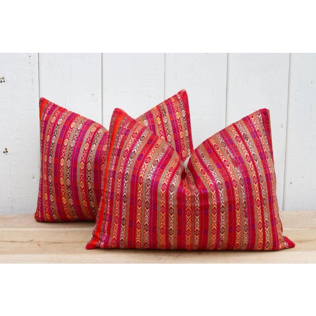 Set of 2 Antique Wedding Silk Shawl Pillows For Sale - Image 10 of 10