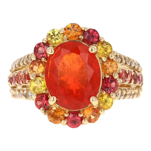 4.29 Carat Oval Cut Fire Opal Sapphire Diamond Yellow Gold Cocktail Ring Size 7 For Sale