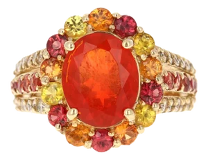 4.29 Carat Oval Cut Fire Opal Sapphire Diamond Yellow Gold Cocktail Ring Size 7