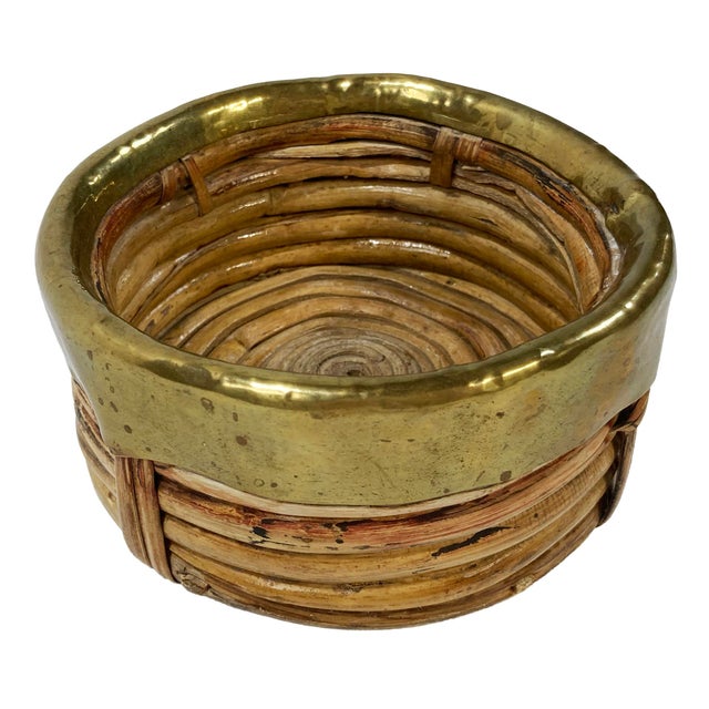 Boho Chic Vintage Italian Crespi Style Rattan and Brass Rim Wine Coaster For Sale - Image 3 of 7