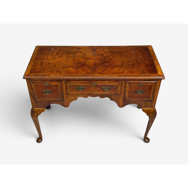 19th Century Queen Anne, Lowboy Writing Desk, Crotch Mahogany Veneer, Walnut, England, 19th C. For Sale - Image 5 of 16