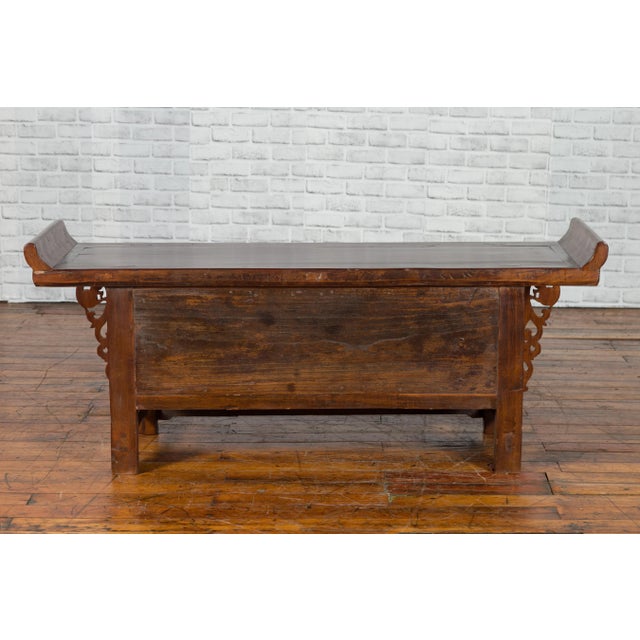 Chinese Elm Three-Drawer Kang Cabinet with Everted Flanges and Carved Spandrels For Sale In New York - Image 6 of 13