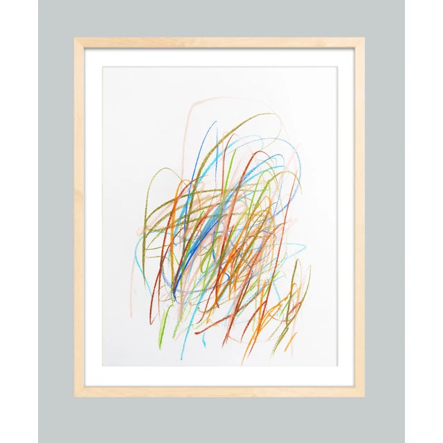 This is an oil pastel drawing on white, slightly textured paper. This visually dynamic abstract uses warm earth tones...