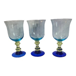 Anthropologie Cobalt & Sky Blue Chartreuse Green Art Glass Water Goblets- Set of 3 For Sale