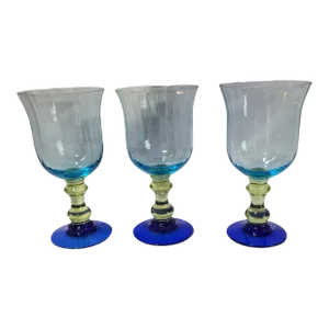 Anthropologie Cobalt & Sky Blue Chartreuse Green Art Glass Water Goblets- Set of 3