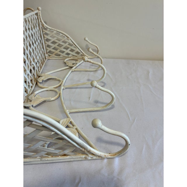 Vintage White Wrought Iron Wall Shelf With Hooks, Ornate Lattice and Floral Detail For Sale - Image 13 of 14