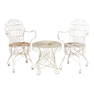 Victorian Style White Wirework Pair of Chairs and Cafe Table, France 1960 For Sale