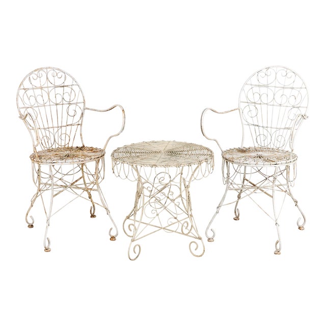 Victorian Style White Wirework Pair of Chairs and Cafe Table, France 1960 For Sale