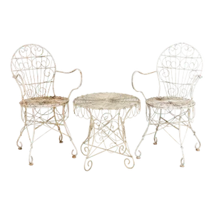 Victorian Style White Wirework Pair of Chairs and Cafe Table, France 1960
