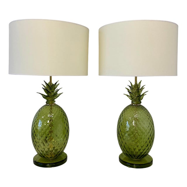 Italian Art Deco Pineapple Murano Glass Lamps with Lampshades, 2000s, Set of 2 For Sale