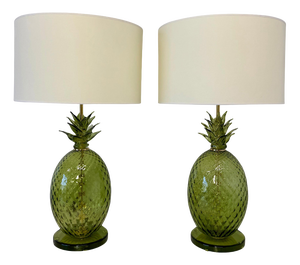 Italian Art Deco Pineapple Murano Glass Lamps with Lampshades, 2000s, Set of 2