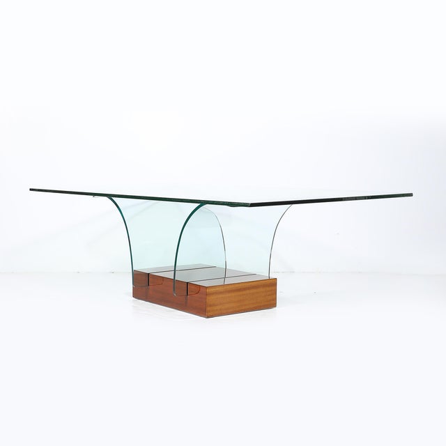 Mid-Century Modernage Curved Glass Cocktail Table W/ Rectilinear Walnut Base For Sale - Image 12 of 14