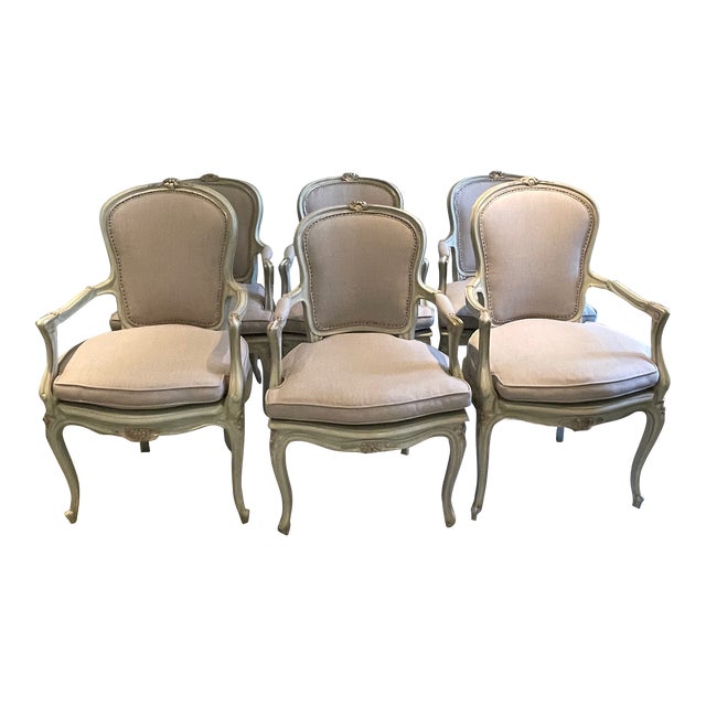 Set of 6 Louis XVI Framed Chairs With New Sunbrella Linen For Sale