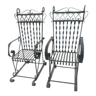 Vintage Mid-Century Era Southwest Spanish Revival Wrought Iron Large Patio Garden Chairs Pair For Sale