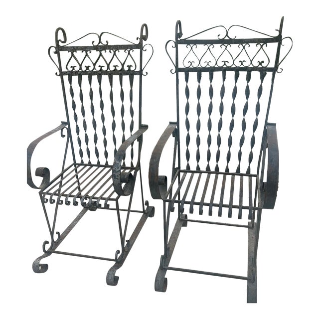 Vintage Mid-Century Era Southwest Spanish Revival Wrought Iron Large Patio Garden Chairs Pair For Sale